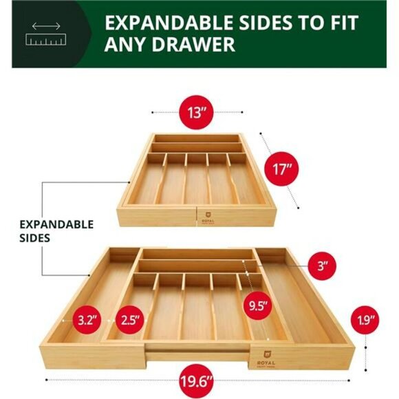 Expandable Bamboo Kitchen Drawer Organizer Utensil Silverware Holder - Picture 2 of 7